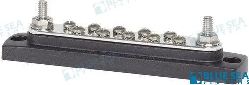 Barrette de distribution 130 A AC / 150 A DC, 2 goujons 1/4"-20 et 10 vis #8-32 - Blue Sea Systems réf. BS2301