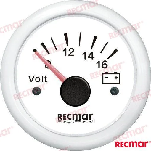 Voltmètre 8-16 V, cadran blanc 51 mm - Recmar réf. RECKY13304